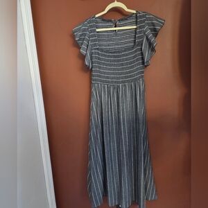 CUPSHE Striped Smocked Midi Dress | Gray White | Flutter Sleeve | NWT Size M